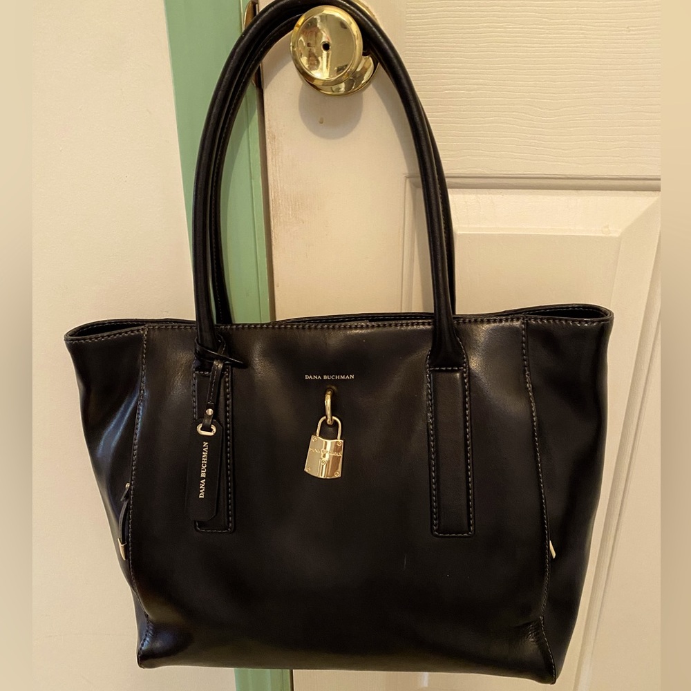 Black leather tote by Dana Buchman